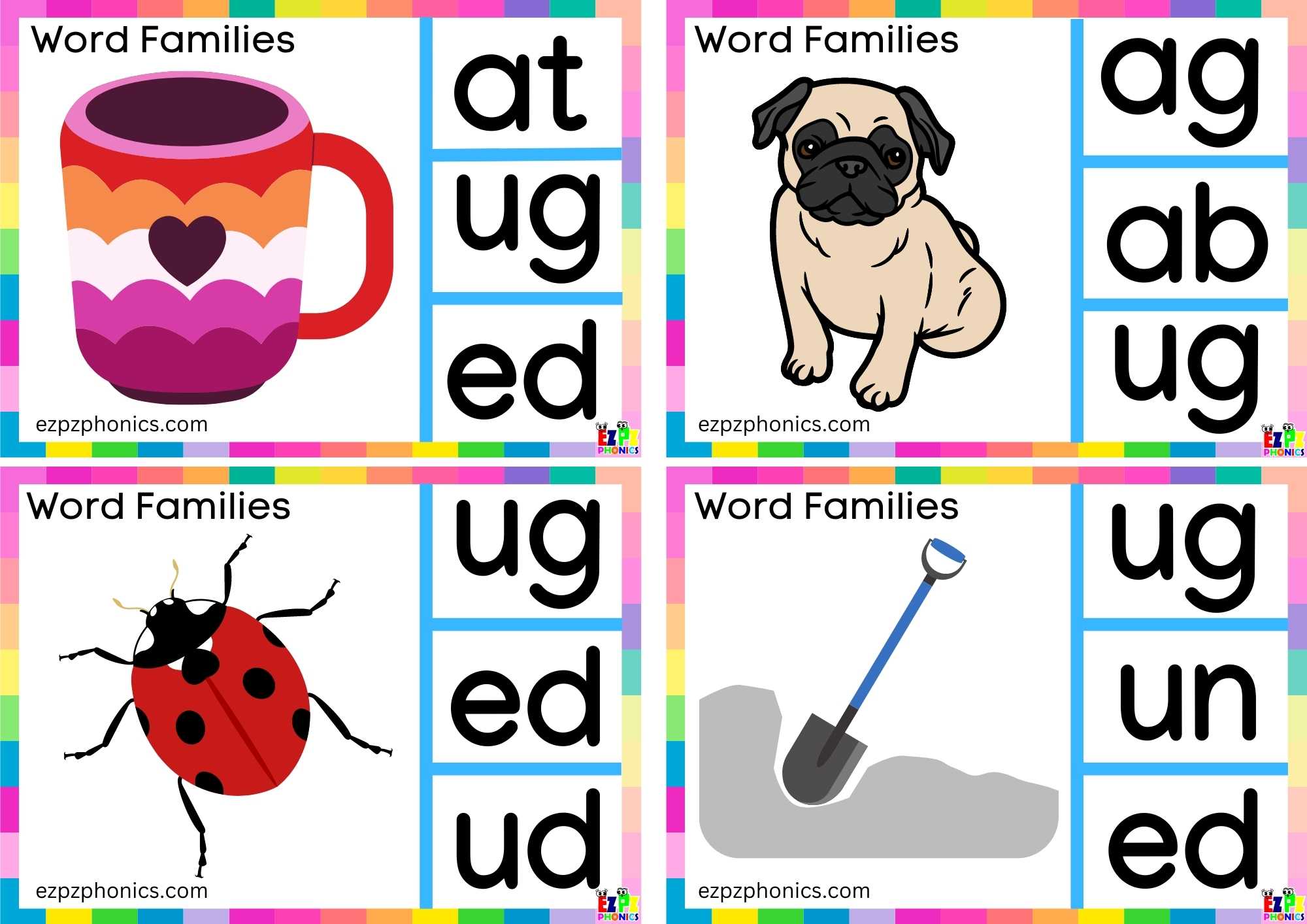 Look at the image and clip the correct letters Clip cards for word family ug group 2